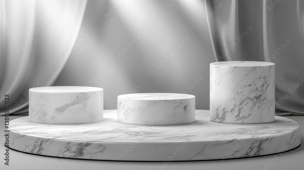 Poster three step of white marble product display on gray background with modern backdrops studio. empty pe