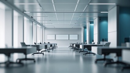 Modern open plan office interior with empty desks and whiteboards