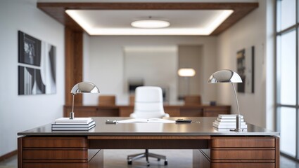 Modern office desk with lamps and books in upscale workspace