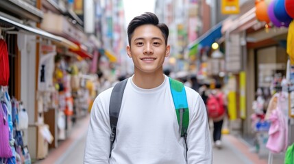 Fototapeta premium Young man smiles in a bustling Asian street market
