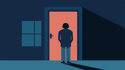 Obraz premium Locked Door A person standing in front of a closed door looking through a small window denoting barriers to social inclusion and the pain of being shut out.