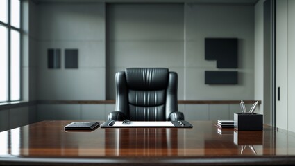 Modern office interior showing executive workplace with polished desk and leather chair