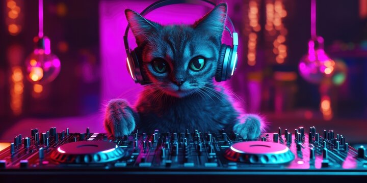 Cat DJ mixing tracks with neon lights in a vibrant party atmosphere at night