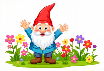Cheerful garden gnome celebrating in colorful flower bed, joy and playfulness