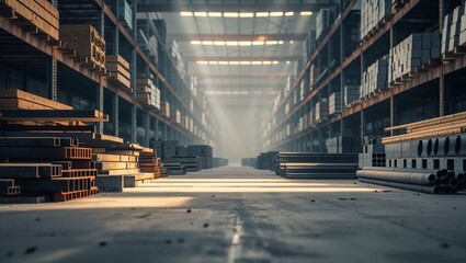 Sunbeams shining through large industrial warehouse storing building materials