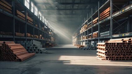 Sunbeams illuminating warehouse full of construction materials