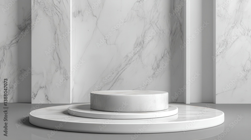 Poster white marble product display on gray background with modern backdrops studio. empty pedestal or podi