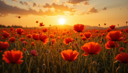 Fototapeta premium A golden sunset illuminates a vast field filled with blooming poppy flowers. The sky is painted in warm hues, creating a tranquil atmosphere as flowers sway gently in the evening breeze