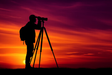 
Silhouette of a photographer against a sunset, tripod outline, orange-and-purple gradient sky 