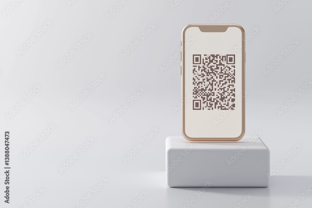 Poster modern smartphone displaying qr code on minimalist stand for digital payment solutions
