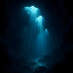 A mysterious underwater cavern where beams of sunlight gently pierce through the surface, illuminating the dark, serene waters below