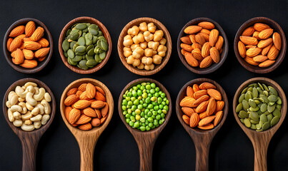 Healthy Selection of Nuts and Seeds in Wooden Bowls on Dark Background