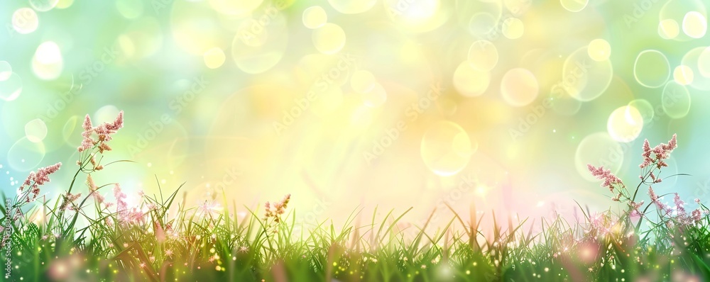Poster beautiful spring background with green grass and bokeh light effects. spring banner template.