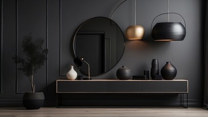A minimalistic interior features a blank white canvas mounted on a dark gray wall