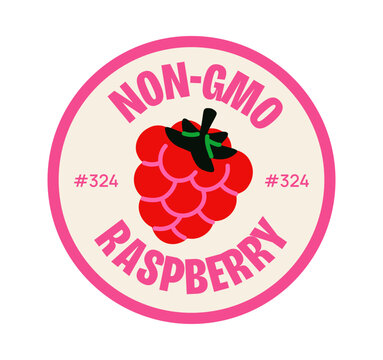 Circular label with red raspberry icon and text Non-GMO Raspberry 324, flat cartoon style on white background, concept of organic fruit labeling. Vector illustration
