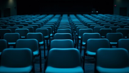 Fototapeta premium Empty Theatre Rows of Deep Teal Seats Await the Audience's Arrival in a Grand Hall