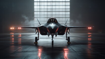 Advanced Stealth Fighter Jet, F-35 Lightning II, Positioned in a Modern Military Hangar, Exuding Power and Technology