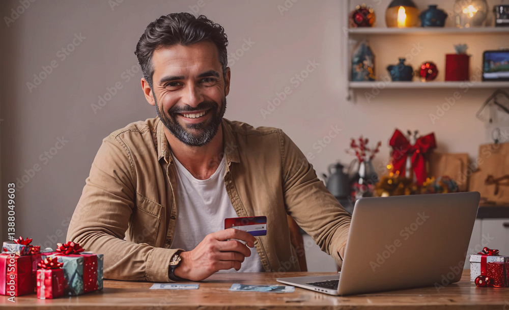 Poster man is sitting at a table with a laptop and a credit card. he is smiling. there are several presents