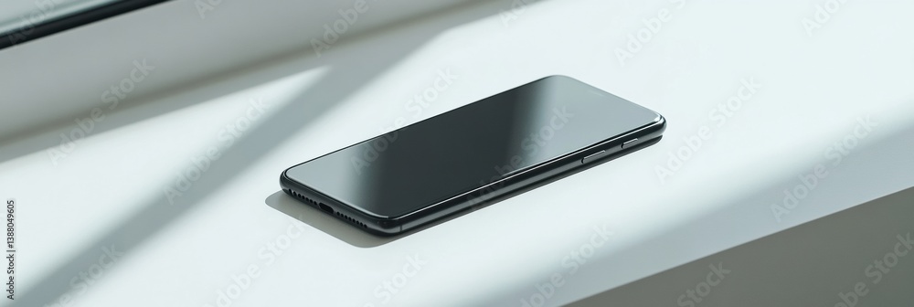 Poster modern smartphone on a clean white surface with soft lighting showcasing minimalist technology desig