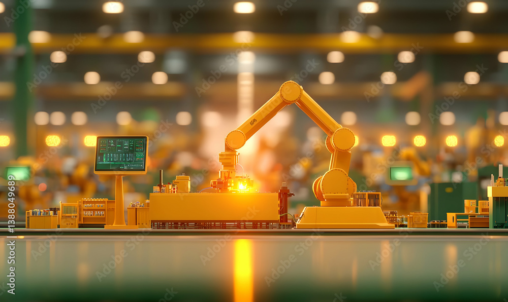 Poster industrial robotics arm operating in high-tech manufacturing environment