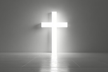 Naklejka premium Minimalist Lighted Cross Illuminating a Wall in a Serene Setting