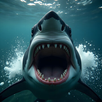 Shark with sharp teeth emerging from sea water, realistic style, ocean background. Concept of marine predator and danger