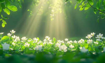 Obraz premium Tranquil Forest Floor Adorned with Blooming White Flowers and Sunlight