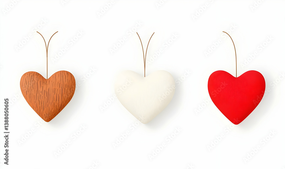 Poster red heart in various styles on white background isolated display