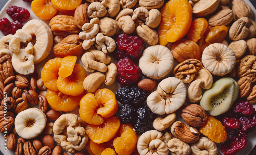 Poster Plate of assorted nuts and dried fruit. There are many different types of nuts and dried fruit on the plate