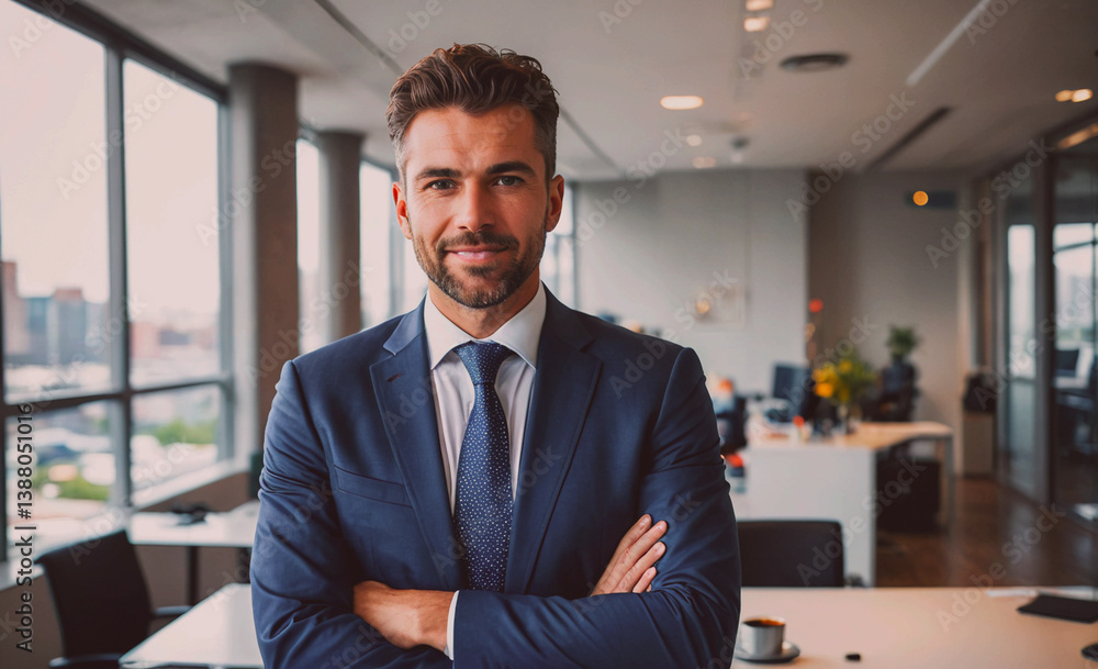 Poster Man in a suit and tie is standing in front of a window. He is smiling and has his arms crossed