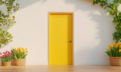 Cheerful Yellow Doorway Framed by Baskets of Spring Flowers