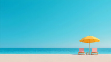 Fototapeta premium Bright Beach Chairs Under Yellow Umbrella Beside Calm Ocean