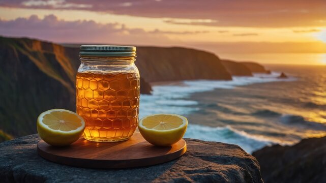 A jar of honey and sliced lemons on a stone surface, with a scenic sunset view over the ocean.