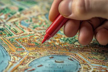 Hand marking tourist map with red pen