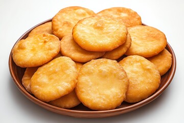 Wooden bowl filled with fluffy deep-fried bread Bhatura on white table. Concept of cultural cuisine featuring Bhatura, traditional fluffy deep-fried bread adored worldwide.