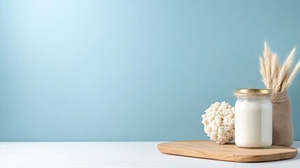A glass jar of white liquid sits on a wooden board, accompanied by dried pampas grass and a small white coral. The scene is minimalist, with a light blue background. The image is high-quality and fe