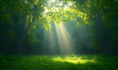 Morning Fog Lifting in Forest with Rays of Sunlight Breaking Through