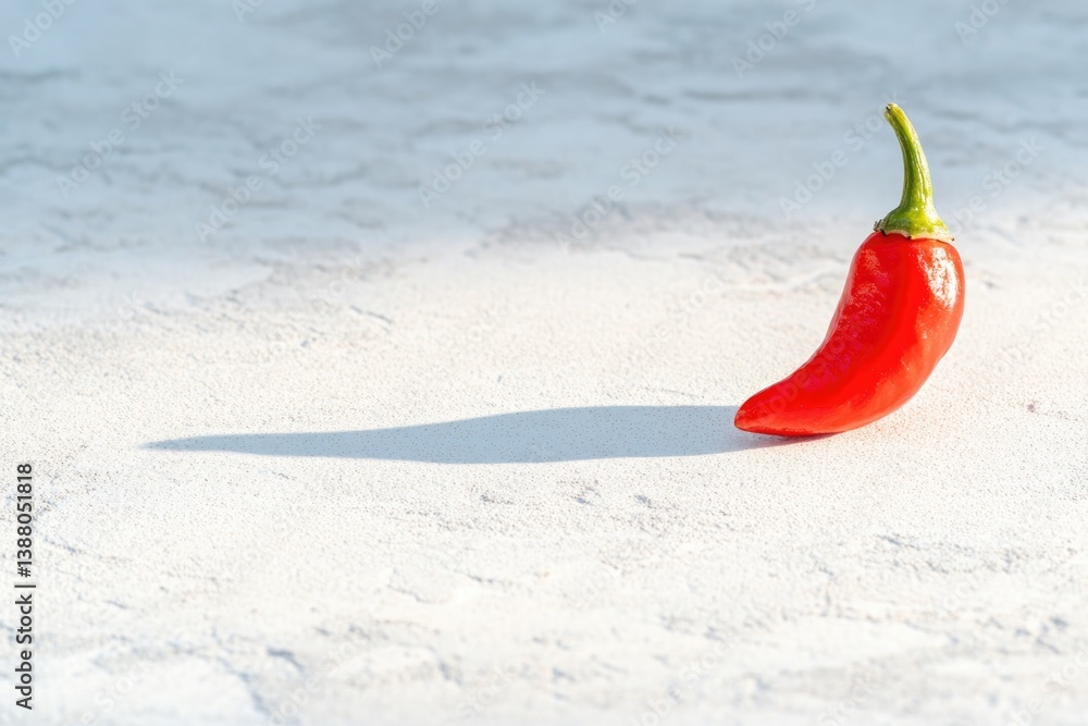 Poster close-up of single chili pepper displayed on clean white surface surrounded by soft shadows and ampl