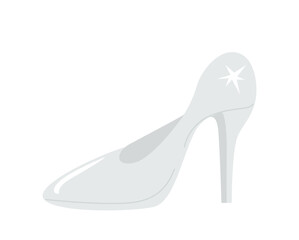 Elegant glass slipper high heel shoe in a flat cartoon style on a white background, symbolizing fantasy, glamour, and fairy tale elegance. Vector illustration