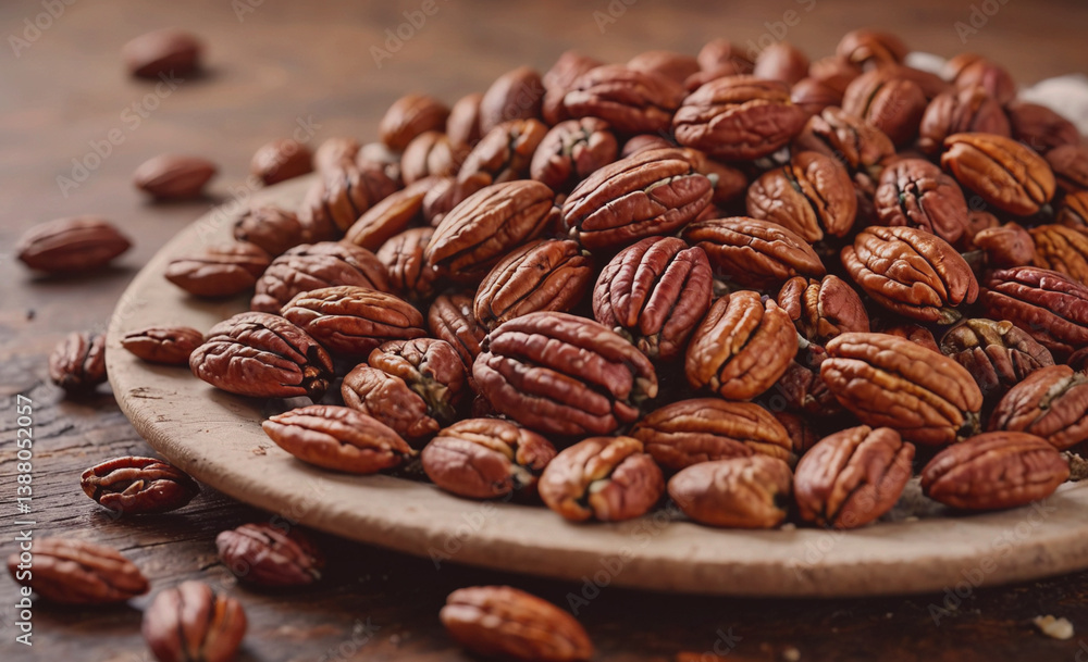 Poster Plate of nuts with a few scattered on the table. The nuts are mostly brown and some are white