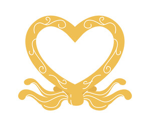 Fototapeta premium Yellow heart-shaped octopus with swirling tentacles and decorative white patterns, flat cartoon style on white background. Concept of love and sea life. Vector illustration