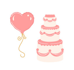 Heart-shaped balloon and tiered wedding cake with pink decorations in flat cartoon style on a white background. Concept of celebration and romance. Vector illustration