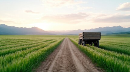 Rural landscape, sunset, farmland, wagon