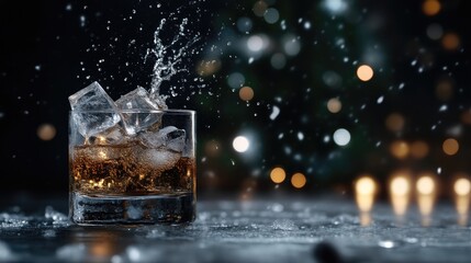 Whiskey iced drink splash on a dark surface