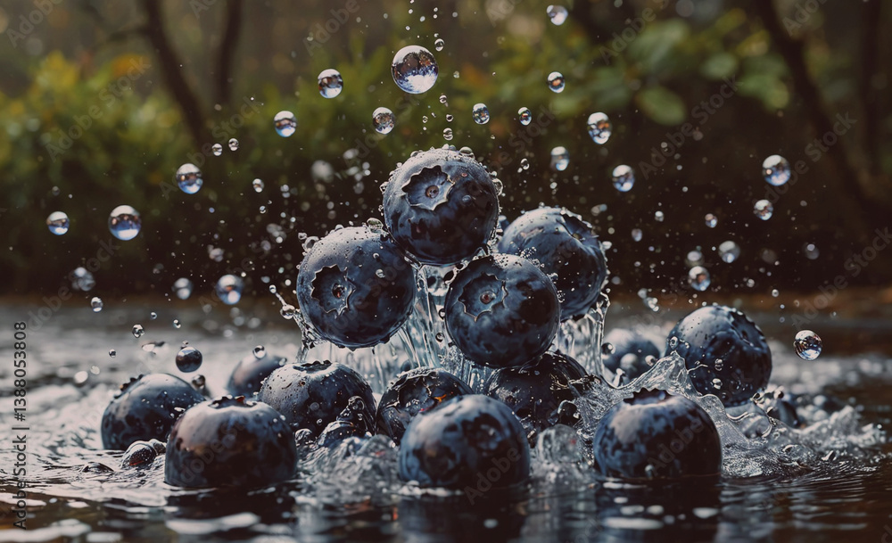 Poster Bunch of blueberries are in the water. They are splashing and creating a lot of bubbles