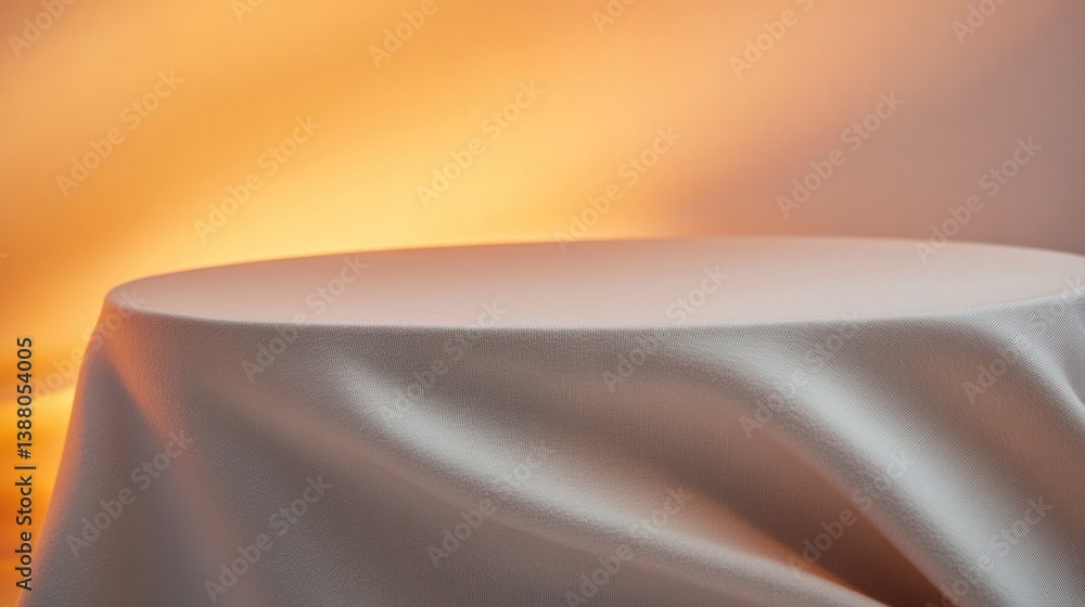 Poster podium covered in soft cashmere fabric highlighted with warm lighting showcasing gentle folds and te
