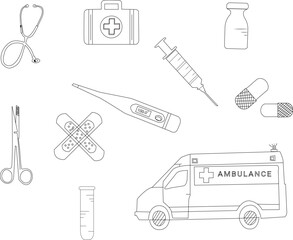 Black and white icon set of medical  instruments.  Line art design of healthcare icon ,medical doodle set collection with flat  style  , Vector illustration.