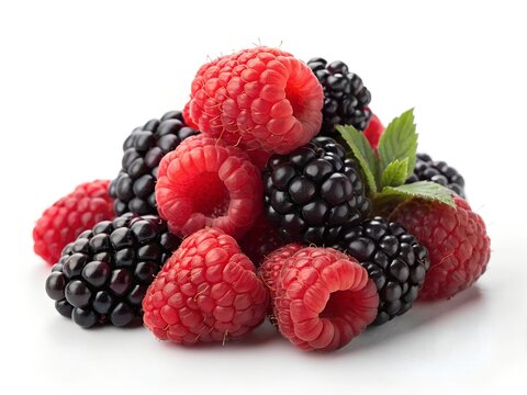 Fresh Raspberries and Blackberries Berries Isolated on White Background with Juicy Red Fruits