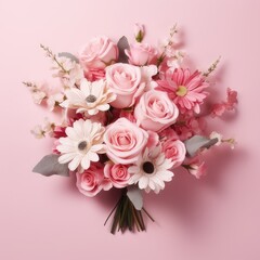 A bouquet of pink roses and white daisies on a pink background