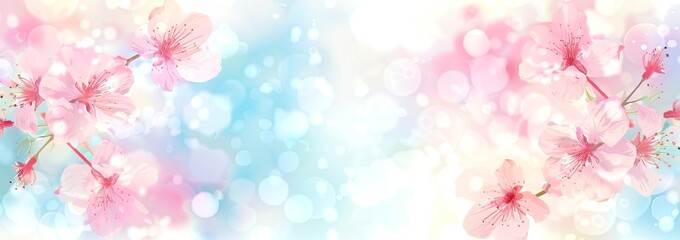 Obraz premium Elegant pastel pink and blue spring banner with blooming cherry blossoms on a white background,